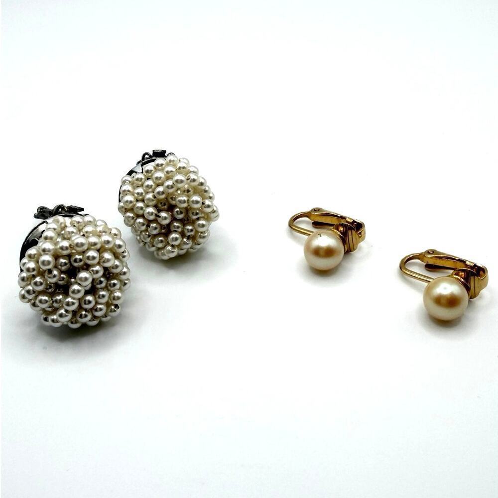 4 pc SET Faux Pearl Clip Earrings Vintage Cluster Gold Tone Bundle
